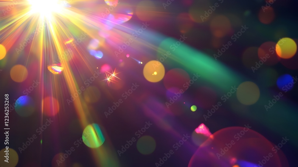 Poster Stunning display of radiant sunlight rays bursting through a vibrant colorful array of bokeh and prism like refractions creating a mesmerizing cosmic explosion effect filled with wonder and beauty