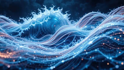 Digital ocean wave splash, data flow, dark background, tech concept
