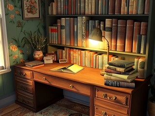 Cozy workspace with a warm brown desk, vintage books, and a soft light lamp
