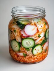 A refreshing Asian-inspired seafood salad with kimchi, cucumber, radish and shrimp served in a clear mason jar.