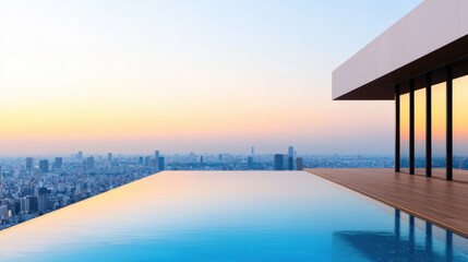 Fototapeta premium Luxurious rooftop infinity pool with a breathtaking cityscape view during a serene sunset Tranquil oasis in the heart of the bustling urban landscape