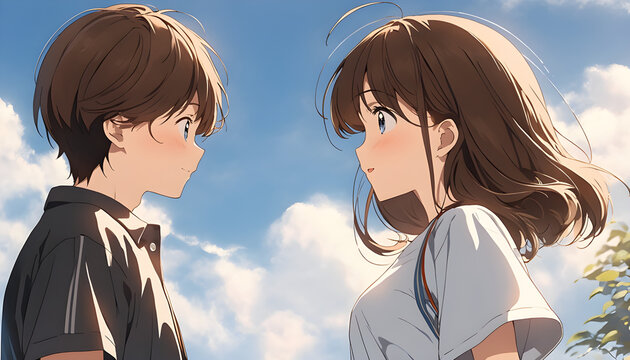 Anime Couple Romantic Scene: Boy and Girl Gaze, Stunning Artwork, Beautiful Sky Background,  Heartwarming Illustration, Japanese Animation Style