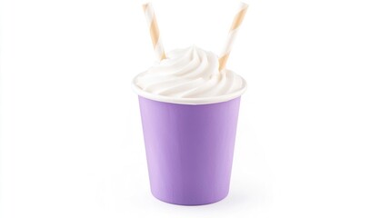 Delicious Creamy Dessert in Purple Cup with Striped Straws