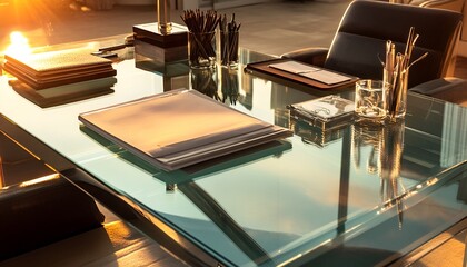 Elegant glass desk with a sunset reflection and neatly arranged work essentials
