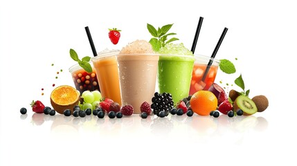 Refreshing Colorful Smoothies and Fruits on White Background