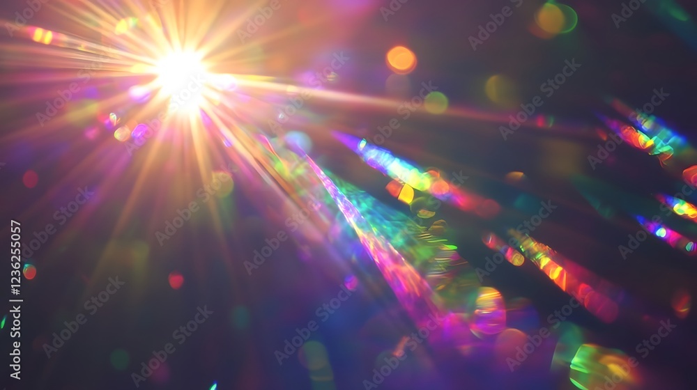 Poster Vibrant cosmic burst of radiant energy and luminous light in the infinite depths of the universe creating a dazzling kaleidoscopic display of prismatic colors and dynamic movement