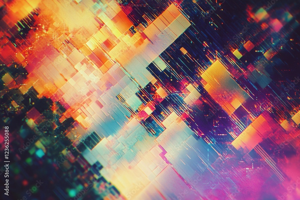 Poster colorful digital art with a grid of squares, each containing vivid hues and patterns.