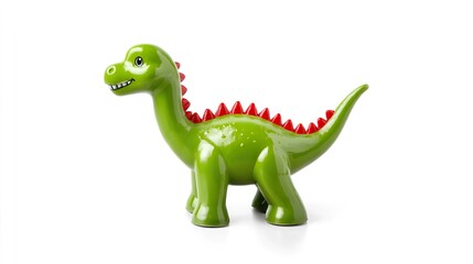 Fototapeta premium Colorful green rubber dinosaur toy with red spikes and smile