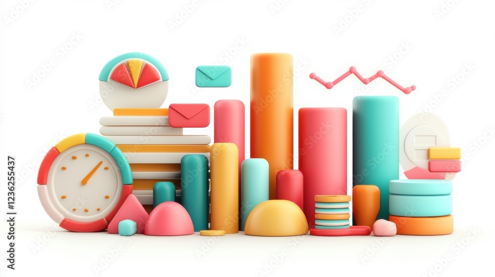 Poster vibrant and minimalist graphic featuring various shapes icons and visual elements representing the a