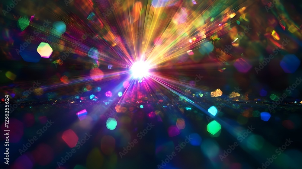 Poster Vibrant Sparkling Explosion of Colorful Lights and Glitters in Abstract Motion Blur Background  Dazzling digital graphic with dynamic and energetic effect for festive or technology concept