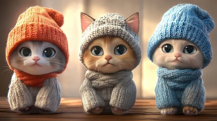 Adorable Kitten in Cute Hats Collage 3d animation
