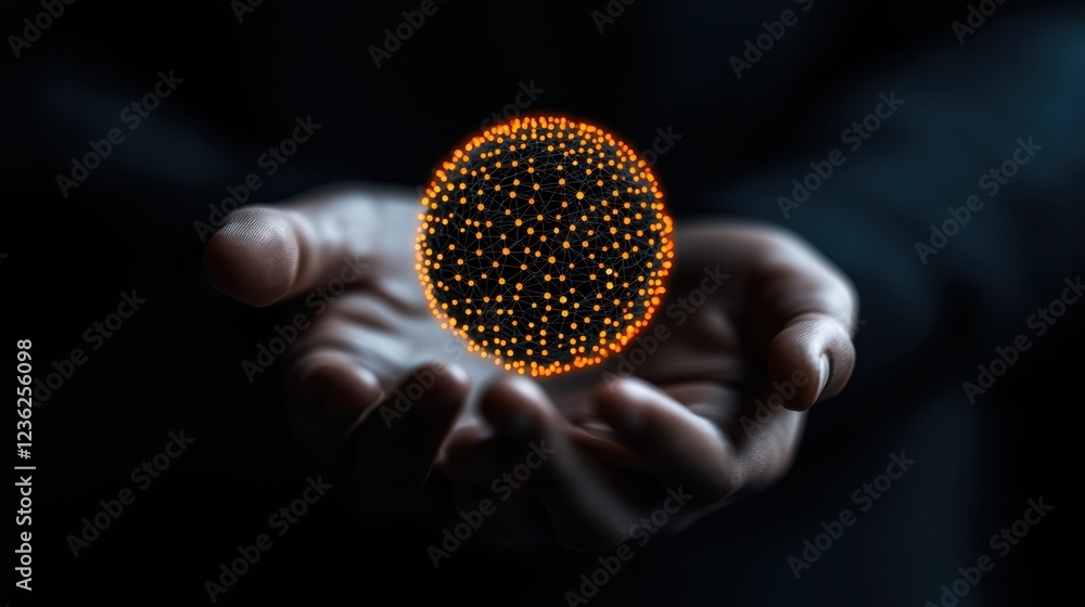 Poster glowing sphere in hands abstract futuristic digital technology concept captivating illuminated orb f