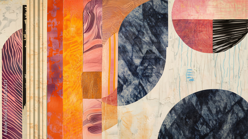 Poster intricate pencil abstract collage showcasing vibrant colors and forms in dynamic arrangement. genera
