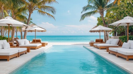 Fototapeta premium Luxurious Beach Club with Lavish Cabanas and Mesmerizing Ocean Views A Tropical Oasis of Tranquility and Comfort Amidst Pristine Surroundings
