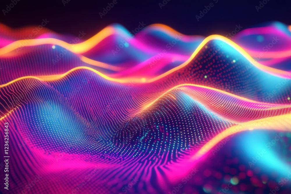 Poster colorful 3d wave design with glowing patterns in vibrant colors against a dark background
