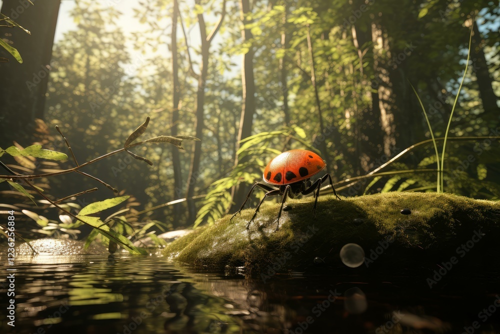 Poster ladybug exploring a mossy rock by a stream in a tranquil forest, enjoying the sunlight filtering thr