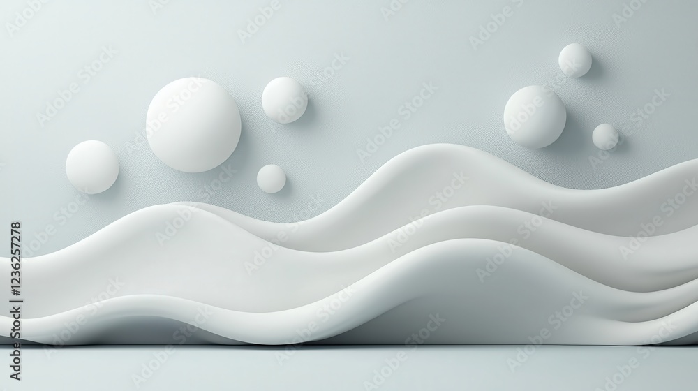 Poster minimal abstract grid composition featuring soft glowing spheres in flowing wavelike motion against 