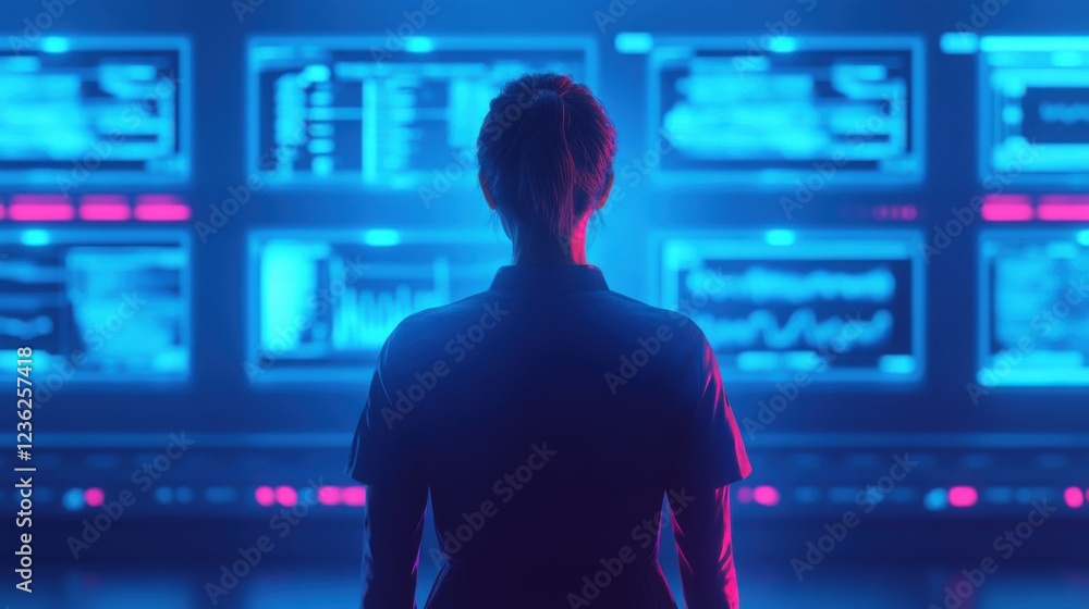 Poster futuristic depiction of a nursing workspace with sleek high tech displays data analytics and virtual