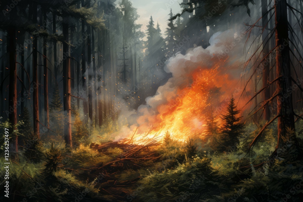 Aufkleber intense flames engulfing trees and underbrush in a forest fire, creating a dangerous and destructive