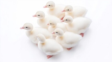Cute Group of White Ducklings Walking Together on a Light Background