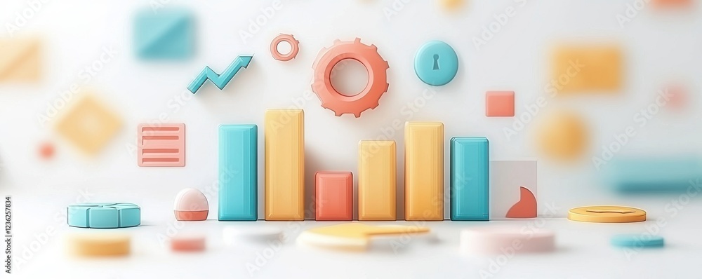 Poster vibrant financial analytics visualization with geometric shapes and charts colorful 3d rendered info