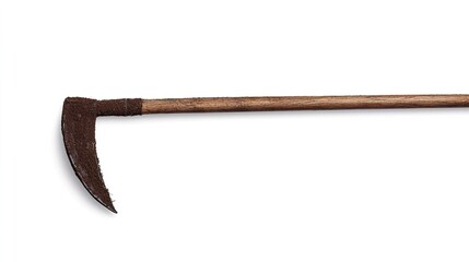 Rustic agriculture tool featuring a curved metal blade and wooden handle