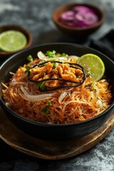 A bowl of crispy spring rolls with a peanut sauce, garnished with cilantro and lime wedges.