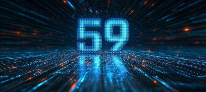 Glowing Digital 3D Number 59 on Futuristic Background with Lines, Particles, and Lights