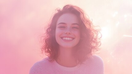 Fototapeta premium Joyful Young Woman Smiling in Soft Pastel Colors with Lens Flares