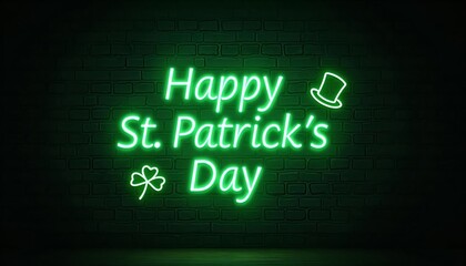 Obraz premium Glowing neon green sign Happy St. Patrick's Day on dark brick wall background. Irish holiday St. Patrick's Day concept. Festive party decor for pub or bar. Template for greeting card, banner, poster