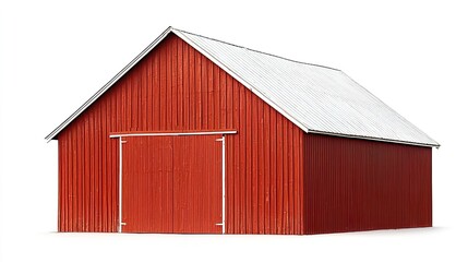 Rustic Red Barn with Metal Roof and Open Doors in Isolated Background