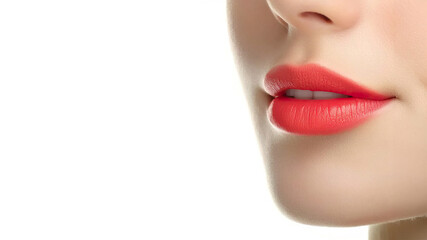 Naklejka premium Close-up of smooth lips with coral lipstick on a white background