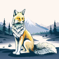 Obraz premium Fox view inside free with background of mountains, rivers and trees