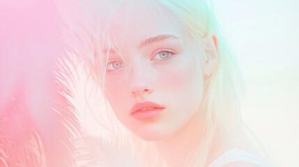 Naklejka premium Ethereal Portrait with Featherlike Patterns and Soft Color Overlays