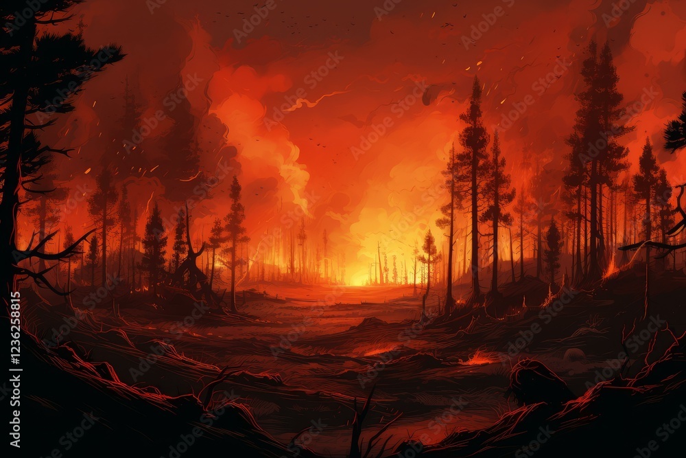 Poster intense flames engulfing trees in a forest fire, creating a dramatic and devastating scene