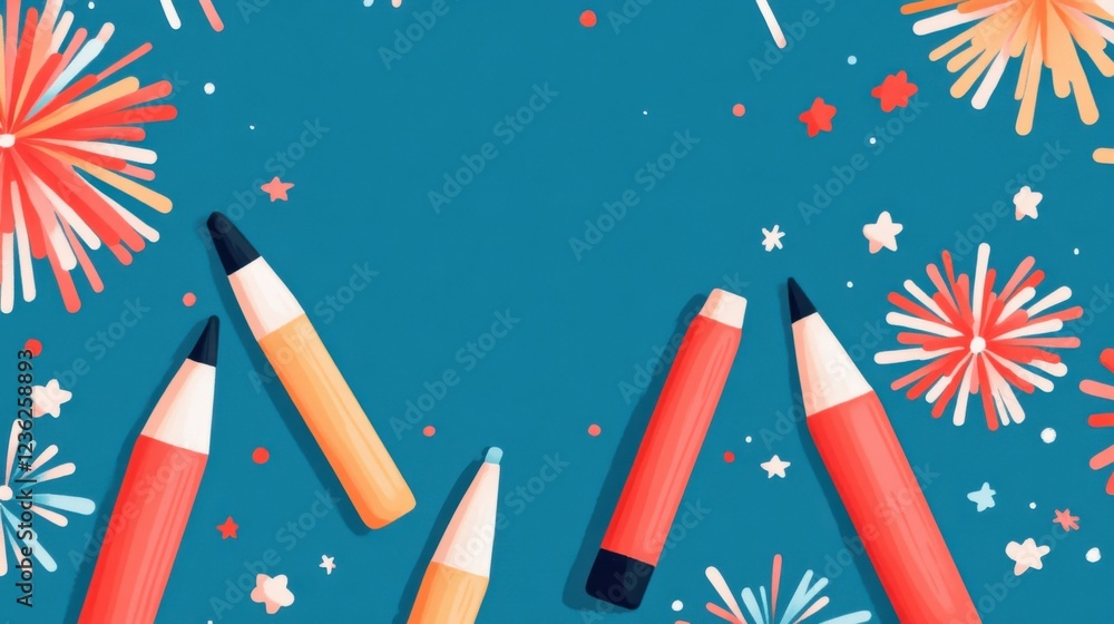 Poster vibrant colorful fireworks bursting in a dynamic minimalist design the image conveys a sense of flai
