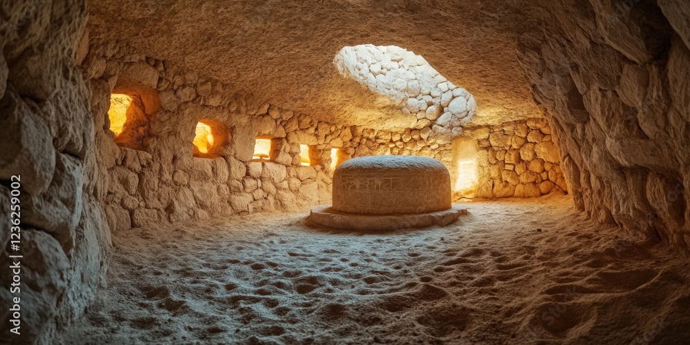 Poster a cave with a stone slab in the middle. the slab is round and has a hole in the middle. the cave is 