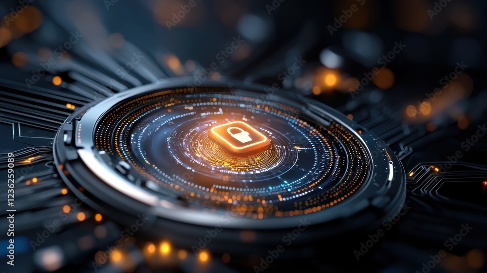 Poster glowing padlock icon at the center of a dynamic futuristic digital backdrop with neon lights geometr