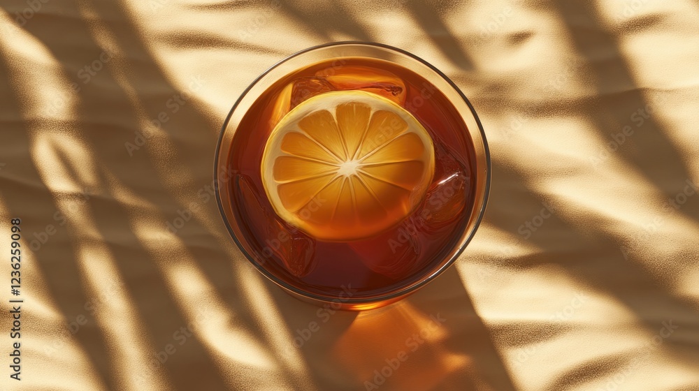 Poster refreshing beverage with lemon slice in a glass on textured surface, soft shadows in background