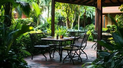 Obraz premium Serene Outdoor Dining Area Surrounded by Lush Greenery and Nature
