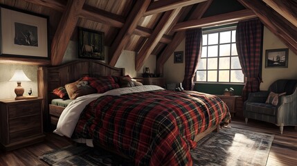 Cozy Rustic Bedroom with Wooden Beams and Warm Textiles
