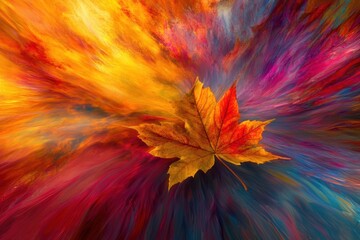 Autumn leaf against a vibrant explosion of colors in a creative art piece
