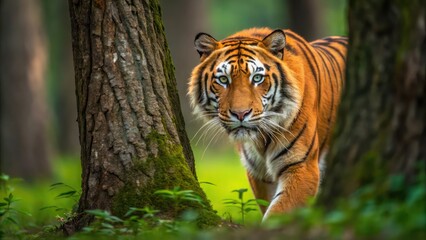 Obraz premium Orange tiger with black stripes standing in a forest wallpaper background