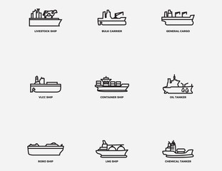 type of cargo ship outline icon .commercial merchant vessel thin line vector icons collection isolated on background