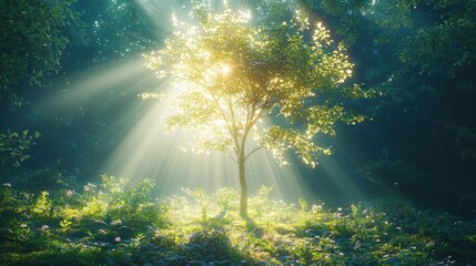 Obraz premium Sunlit tree in a mystical forest at dawn