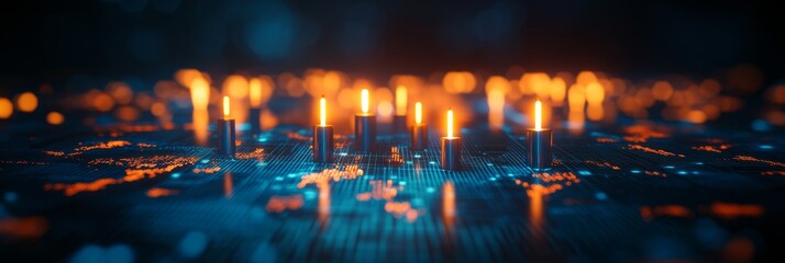 Obraz premium Abstract Background With Glowing Candles On Circuit Board, Big Data And Digital Technology Concept