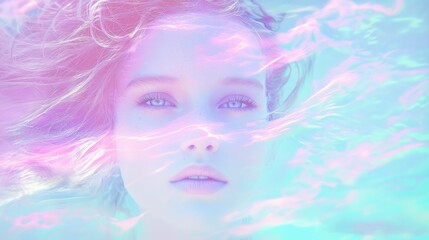Ethereal Underwater Portrait with Open Eyes and Colorful Effects