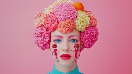 Naklejka premium Vibrant Artistic Portrait with Colorful Floral Headpiece and Makeup