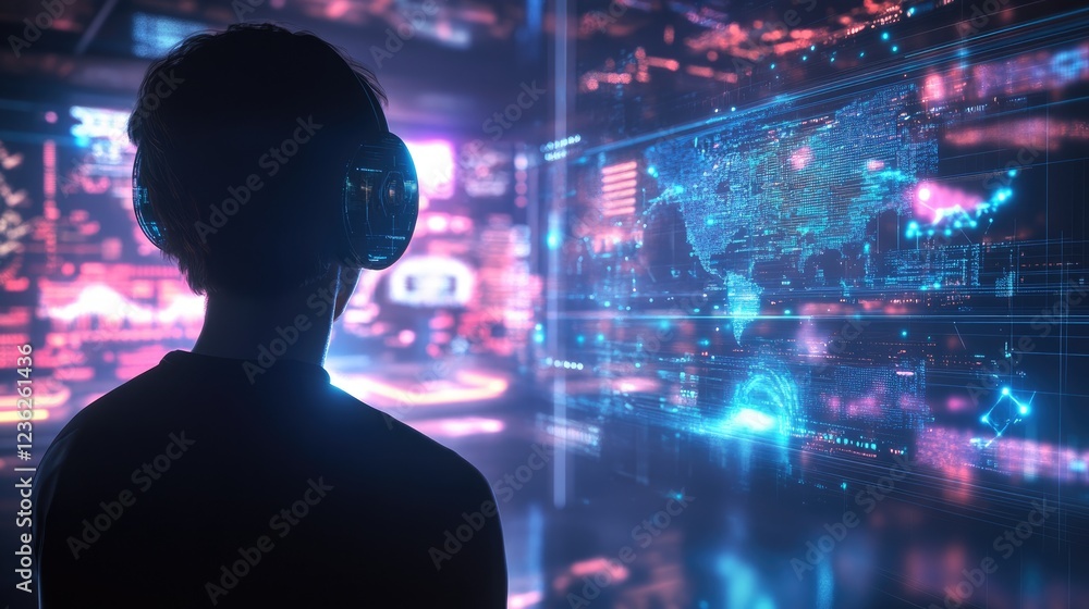 Aufkleber high-tech glowing holographic visuals with seamless graphs and data overlays, symbolizing futuristic
