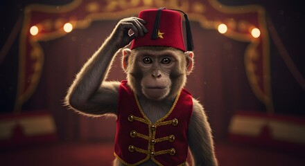 Monkey in Fez Hat Circus Performer Stock Photo